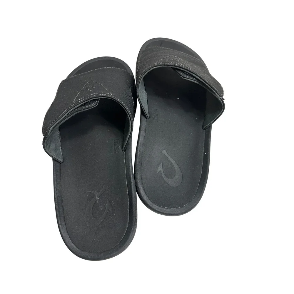 OluKai Nalu Slide Mens Black Sandals Size 9 Adjustable Strap Flip Flop
